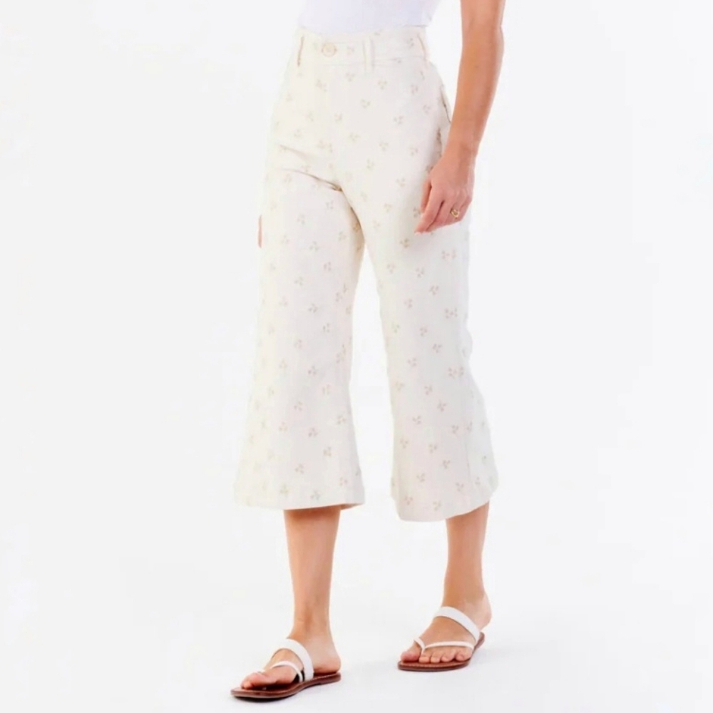 Dear John Audrey High Rise Cropped Wide Leg Jeans Embroidered Wheat